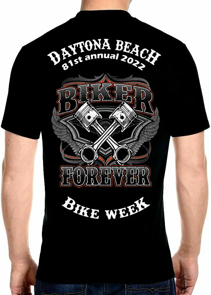 

Mens 2022 Daytona Beach Bike Week Biker Forever Dual Pistons Tee Shirt