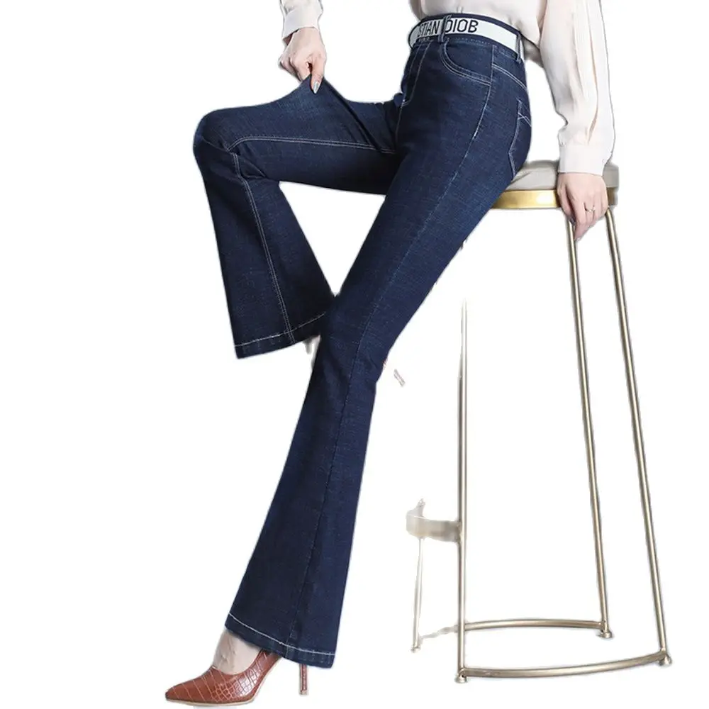 

2022 New M To 7XL High Waist Flared Jeans Women Elastic Band Stretch Flare Denim Jeans Full Length Dark Blue Black 6XL