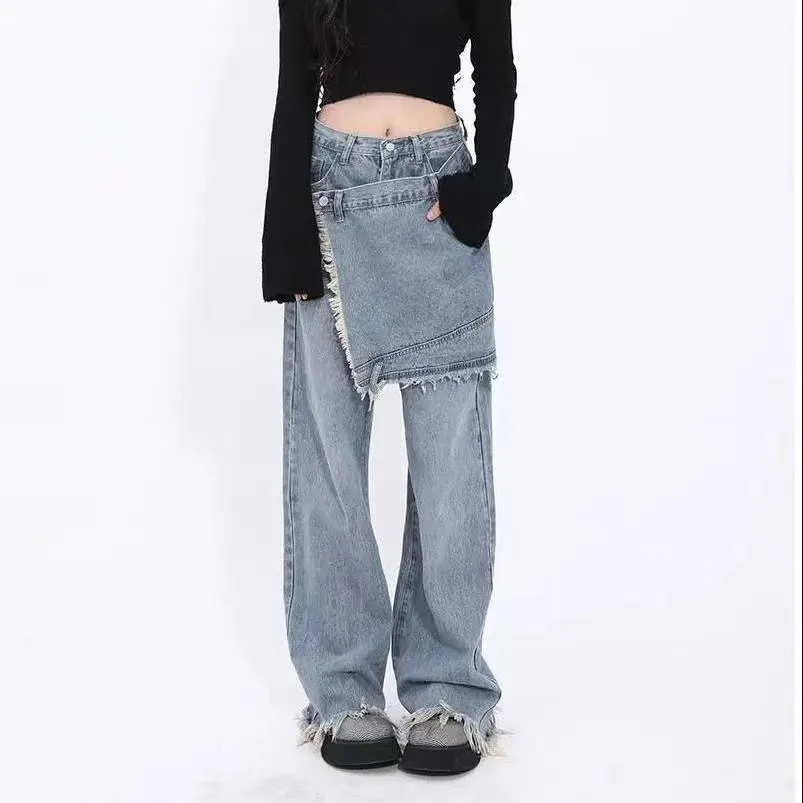 

SuperAen New Korean Design Straight Jeans Women's Fake Two Pieces of Stitched Micro Hare Wide Leg Fur Fringed Pants