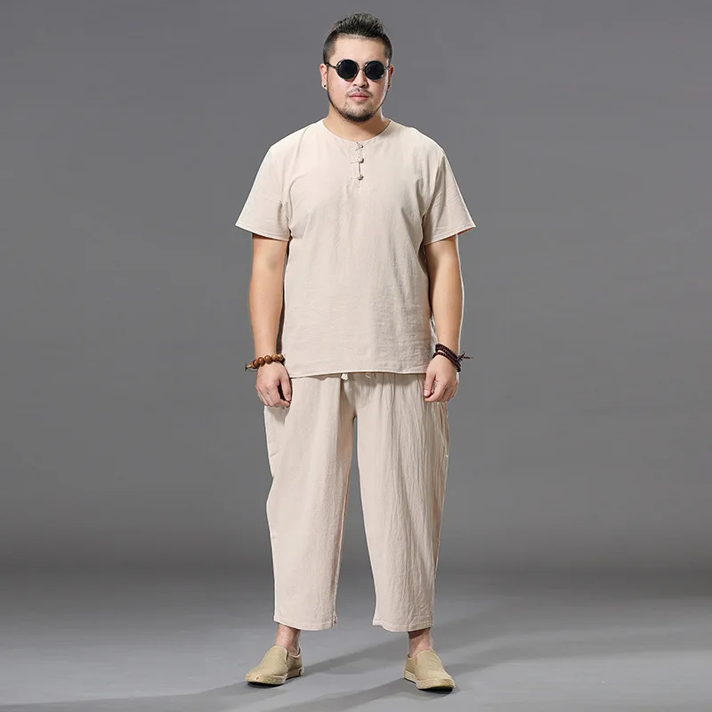 New Summer Shorts Linen Suit Men's Casual Fashion Short SleeveTT-shirt New Men's Clothes Summer Wear Cotton and Linen Two-Piece