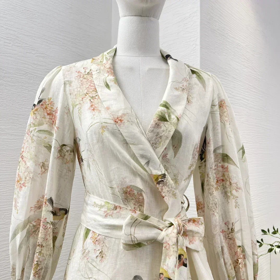 2024 новое льняное винтажное бежевое платье с цветочным принтом птиц и длинными