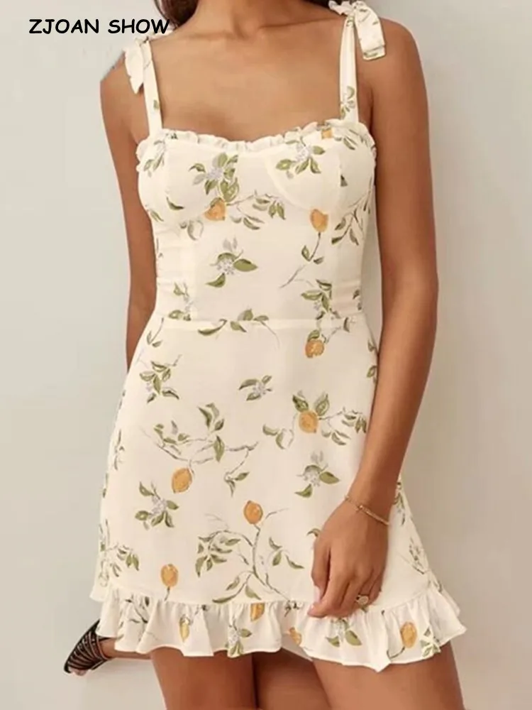 

2021 Summer France Style Vintage Grass Flower Print Bandage Tie Bow Strap Ruffles Hem Short Dress Retro Sexy Women Sling Dresses