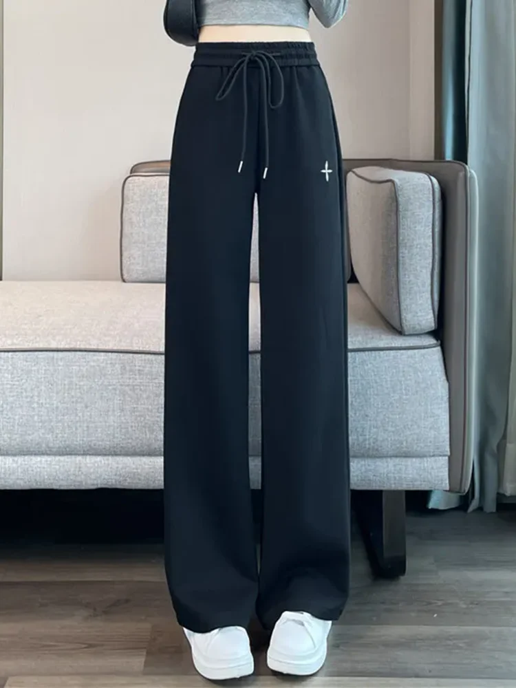 Корейские модные свободные прямые брюки женские эластичные спортивные штаны с