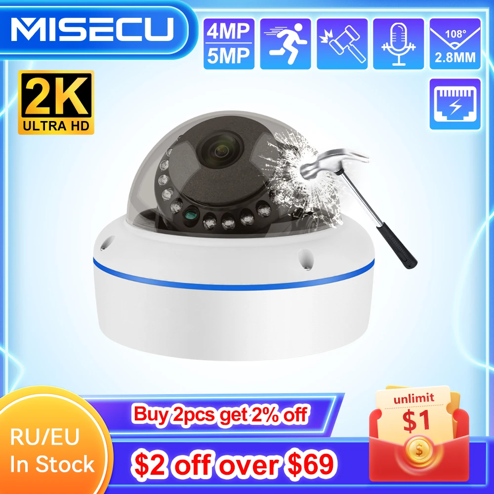 MISECU Super HD 5MP 4MP H.265 Surveillance IP POE Camera Audio Microphone Dome Indoor Security Home Camera Metal Email Push P2P