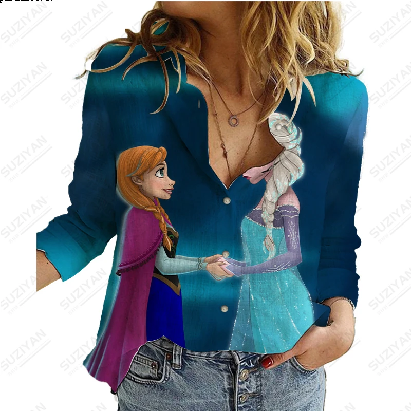 

Spring Autumn New Women's Long Sleeve Disney Ice and Snow Legend 3D Printed Polo Neck Button Long Sleeve Commuter Cardigan Top