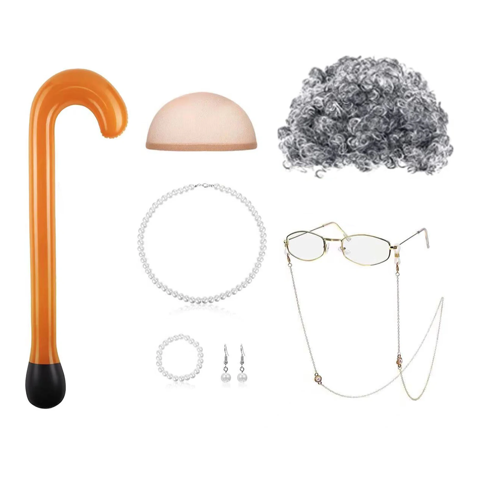 

Набор для косплея пожилых женщин, бабушка, очки, жемчужное ожерелье, серая бабушка, шапка-трость, бабушка, аксессуары для ролевых игр