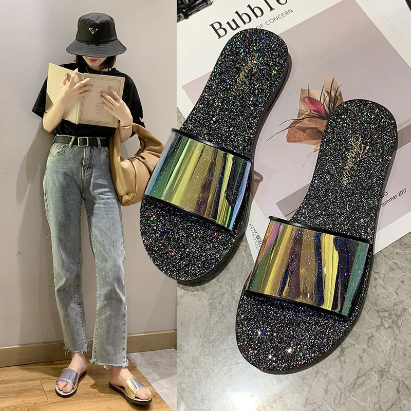 

Size 36-40 Womens Slippers Summer Female Transparent Flats Jelly Shoes Mujer Sequins Sandals Silver Beach Slides Fashion Shoes