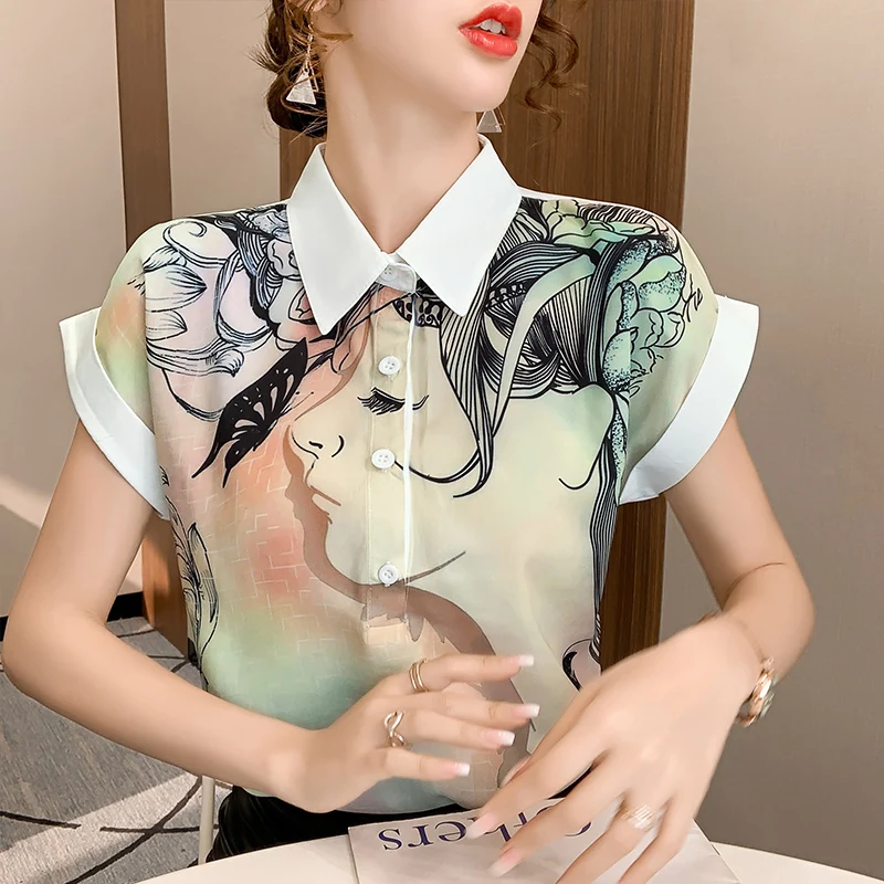 

Summer Women's Blouse Bat Short Sleeve Top Korean Fashion Viscose Y2k Printing Loose Polo Shirt Movafag