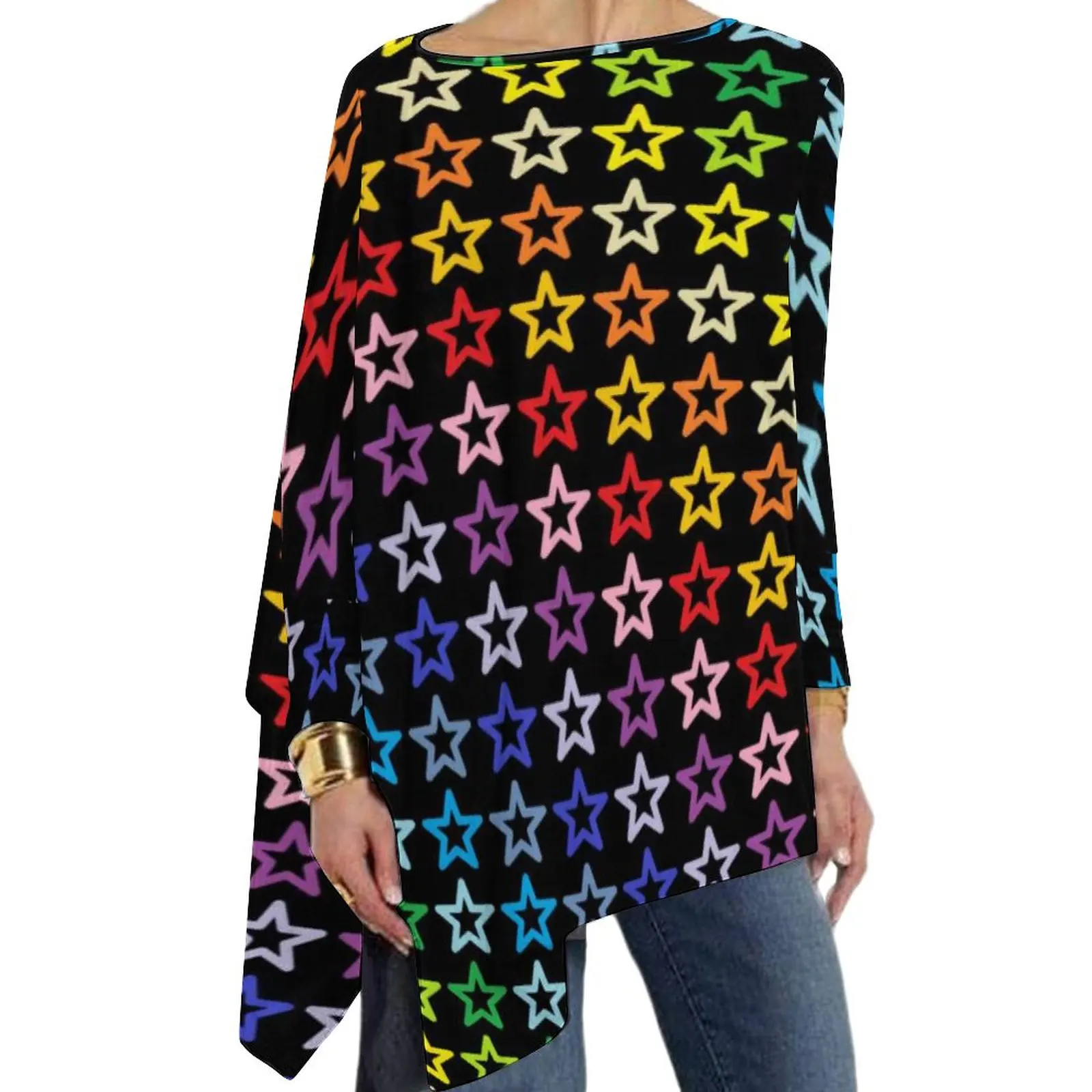

Broader Spectrum Rainbow T-Shirt Outline Stars Print Pretty Long Sleeve T Shirts Casual Oversized Tee Shirt Graphic Clothes Gift