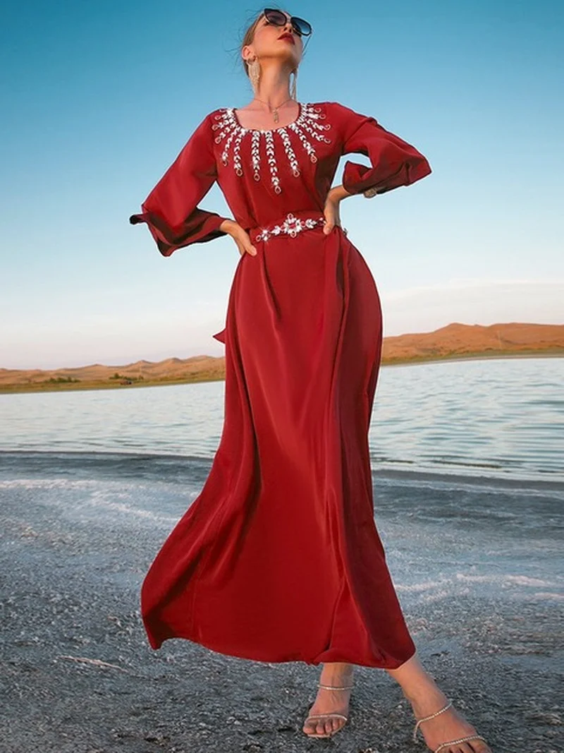Caftan Moroccan Jalabiya Chic Elegant Women's Dresses for Party 2022 Dubai Summer Gulf Luruxy Rhinestones Kaftan Dress