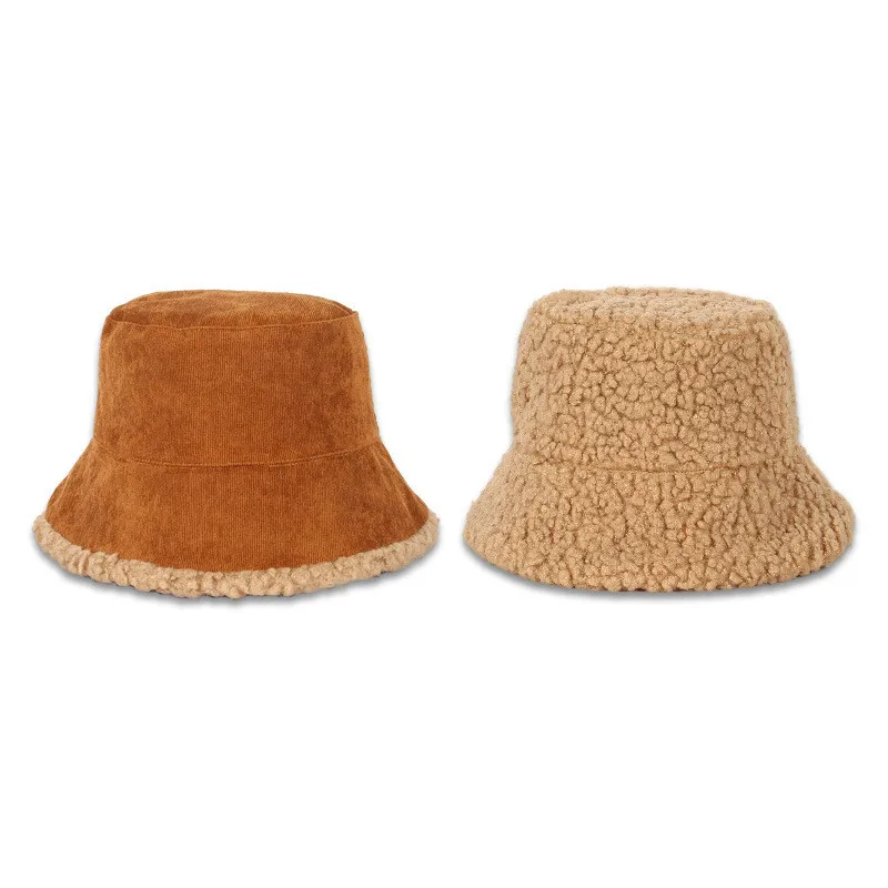 

6pcs Winter Women Bucket Hat Corduroy Cap Fisherman Hats Reversible Warm Thick Faux Fur Lamb Wool Fleece Caps