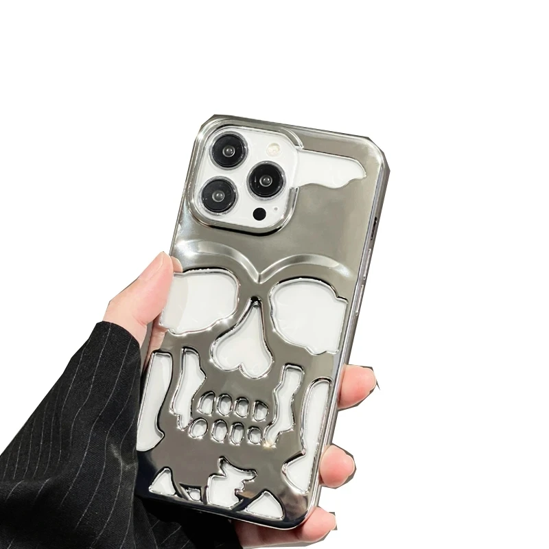

Deluxe electroplated 3D metal hollowed-out Gothic skull hard phone case for iPhone 11 13 12 14 Pro Max personalized carving cove