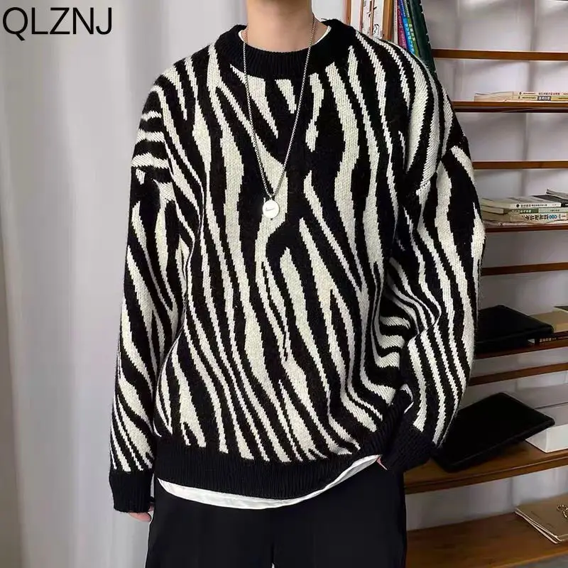 Zebra Striped Sweater Men Autumn New Harajuku Vintage Sweater Y2K Streetwear Loose Fashion Pullover Hip Hop Women Knitted Jumper
