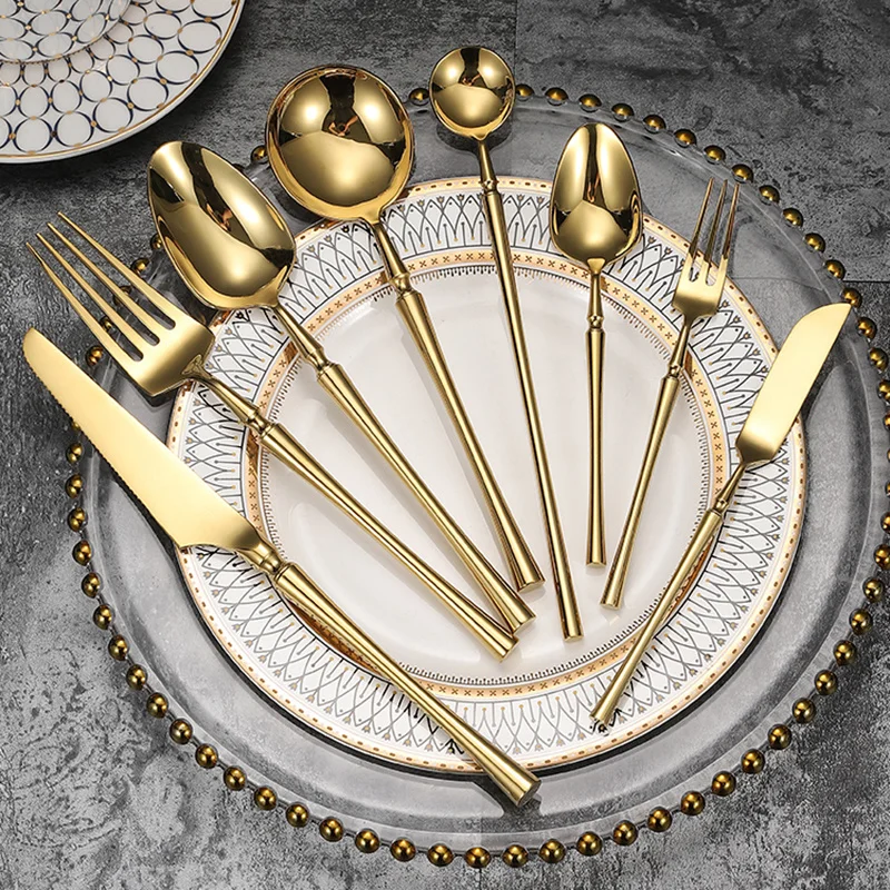 

Bright Gold 18/10 Stainless Steel Luxury Cutlery Dinnerware Tableware Knife Spoon Fork Chopsticks Flatware Set Dishwasher Safe