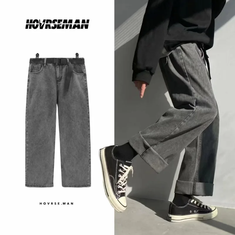 

Джинсы мужские прямые в стиле ретро, модные повседневные брюки из денима в стиле хип-хоп, синие/серые, свободные, в уличном стиле