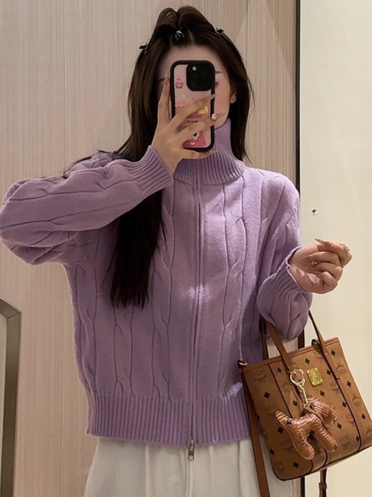 Purple Turtleneck sweater Outerwear Women 2024 Autumn and Winter New High-Grade Short Zip-up Knit cardigan Top Thickened