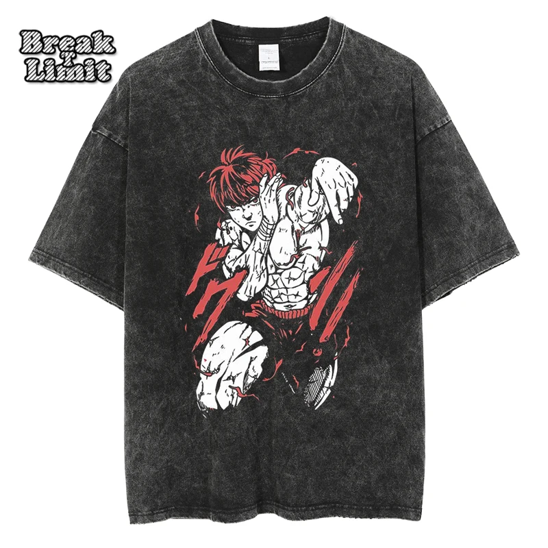 

Мужские топы с рисунком футболки с аниме рисунком Hanma Baki, винтажная потертая уличная одежда, летние футболки с коротким рукавом и круглым вы...