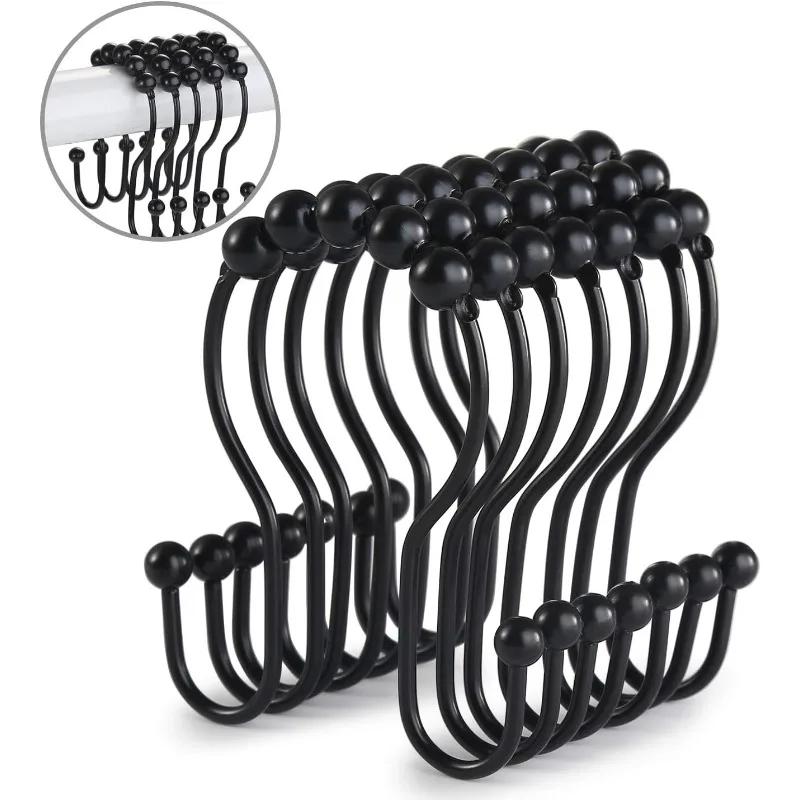 

Double Hook Shower Curtain Hook Stainless Steel Black Anti-rust Shower Curtain Hook Smooth Slide and Anti-drop 12PCS