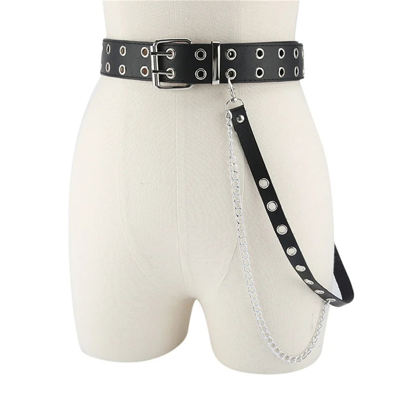 

Ремень женский в стиле панк/хип-хоп, двубортный кожаный регулируемый пояс на цепочке, с пуговицами, однобортный, черный готический