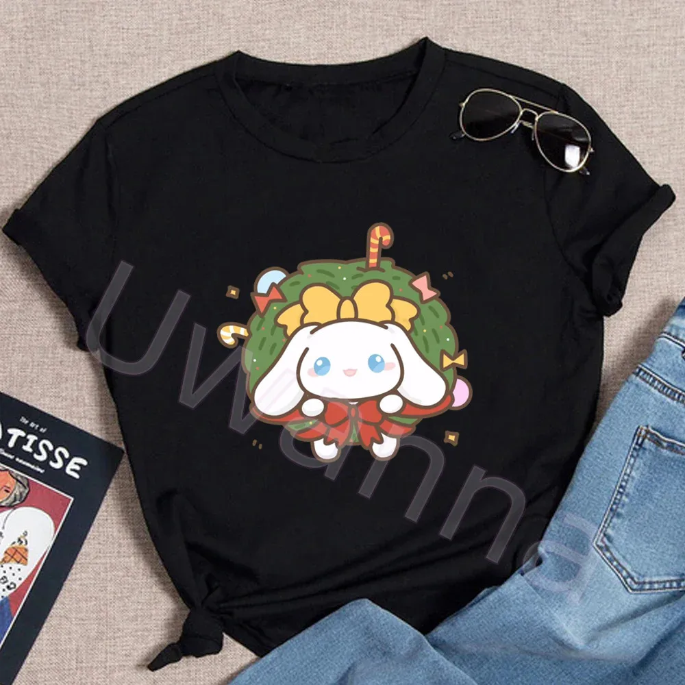 Милая футболка Pochacoo женская с рождественским принтом Cinnamoroll повседневная черная