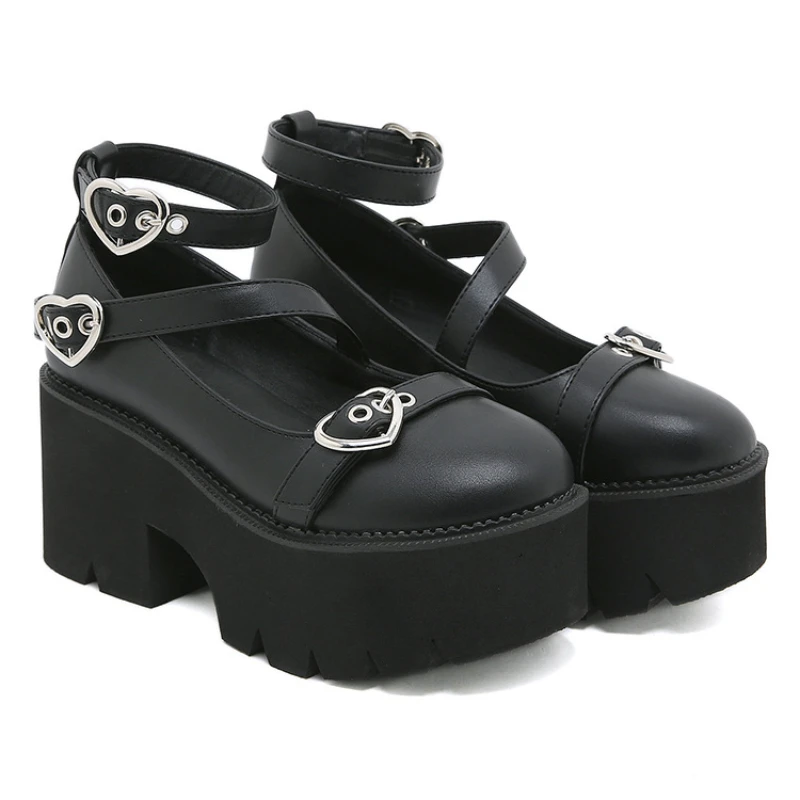 

Women Mary Jane Shoes Chunky Heel Goth Platform Pumps Kawaii Heart Buckle Strap Lolita Round Toe Shoes Cosplay Heels Shoes 43