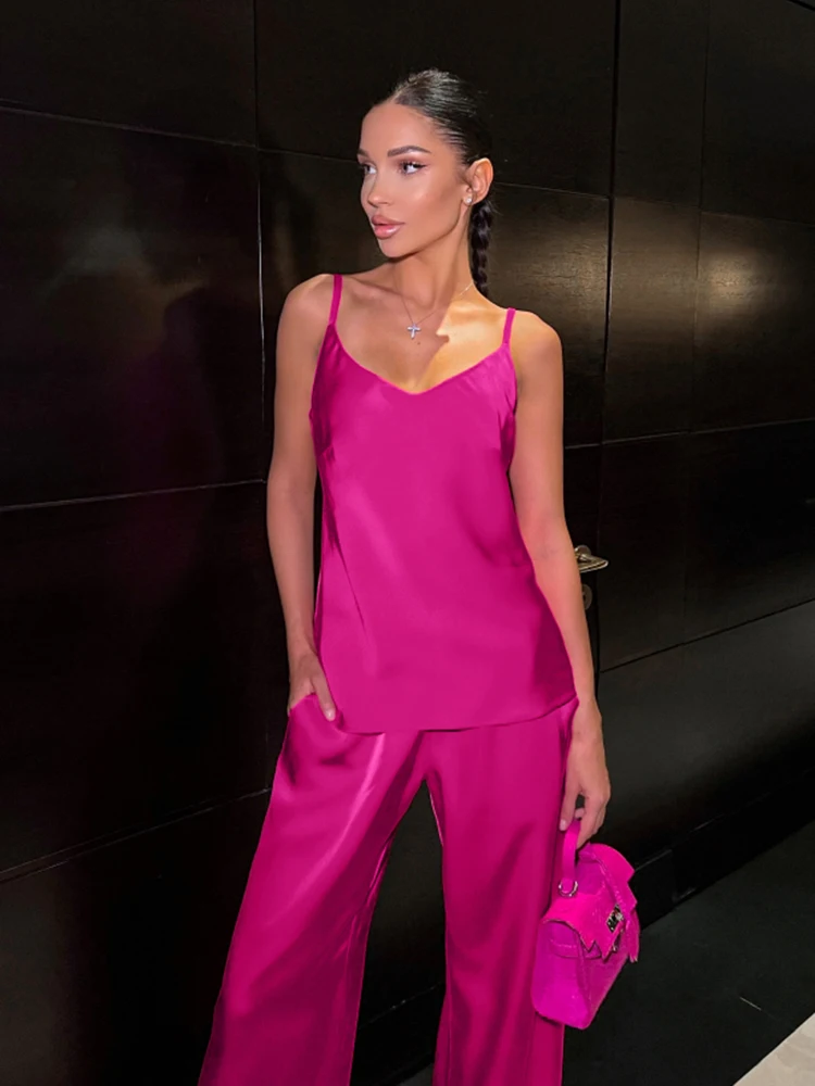

Hiloc Solid Satin Pajamas For Women Sets Casual Spaghetti Strap V Neck Sleepwear Female Trouser Suits 2023 Fashion Nightwear