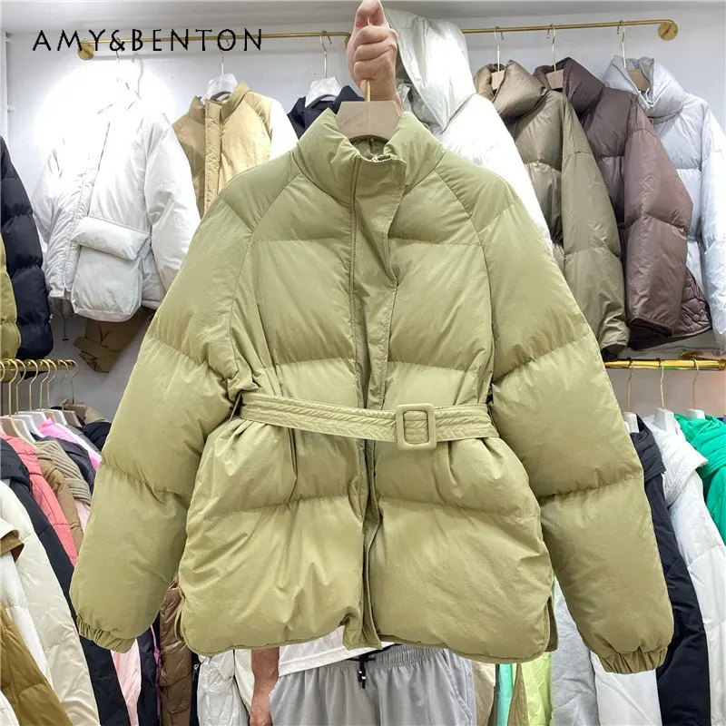 Women's Cotton-Padded Coat Winter New Mid-Length Stand Collar Coat Loose Thick Waist-Controlled Lace-up Cotton-Padded Jacket
