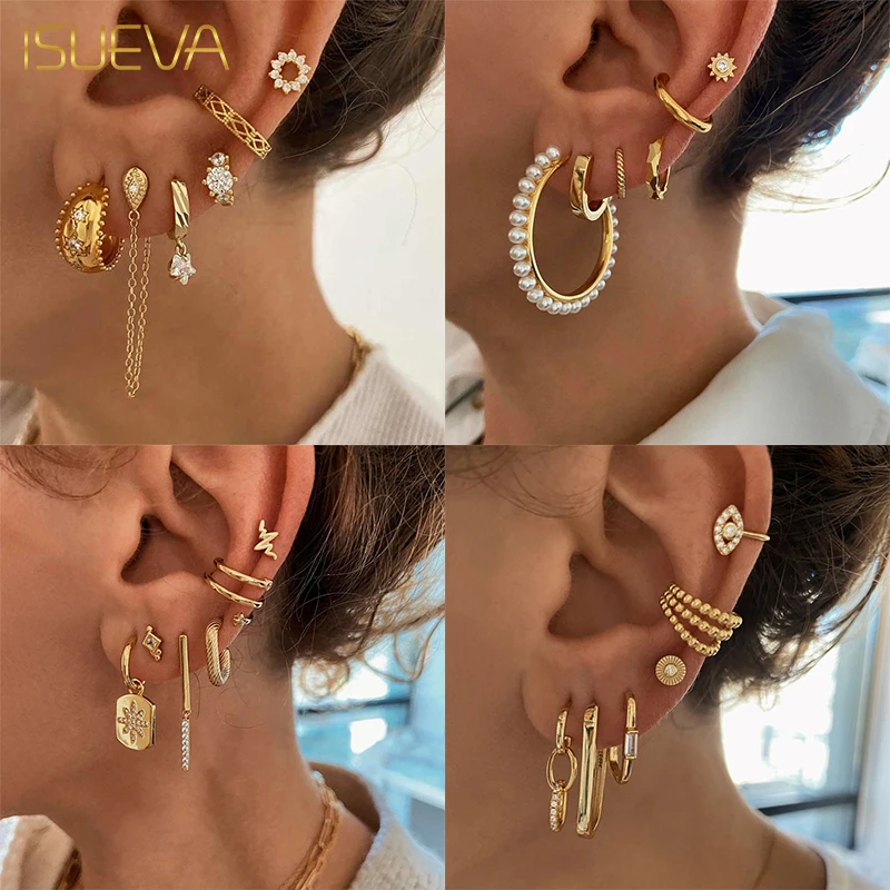 Позолоченные серьги-кольца ISUEVA, модные изысканные циркониевые одиночные серьги-кольца, висячие серьги 2023, оптовая продажа ювелирных изделий