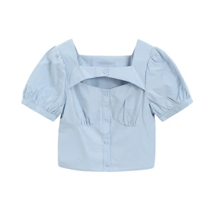 French Bubble Short Sleeve Square Collar Plain Shirt Women's Summer Design Hollow Clavicle Short Blo in Pakistan