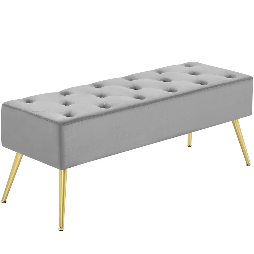 

BOUSSAC Modern Ottoman Velvet Footstool Bench for Bedroom, Gray Velvet, Foam, Plywood, Metal