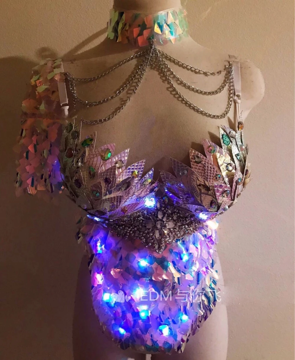 

New Sexy Nightclub singer dancer performance bar Led fish scale mermaid bra top marine rave led bra bar luminous costume