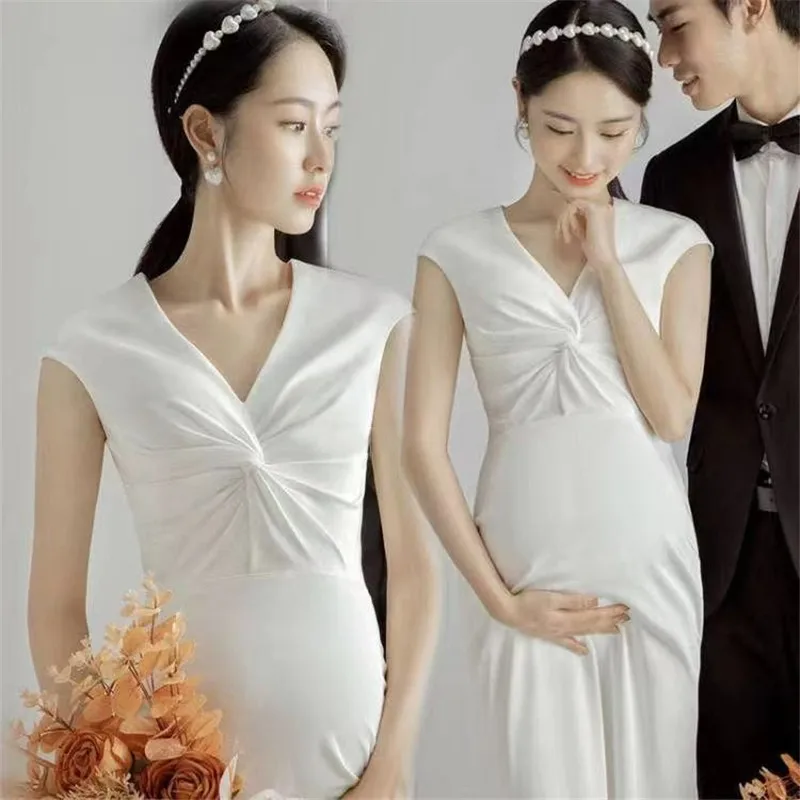 Women Photography Props Maternity Dresses White Elegant V-neck Pregnancy Dress for Studio Shooting Korean Style Photo Props