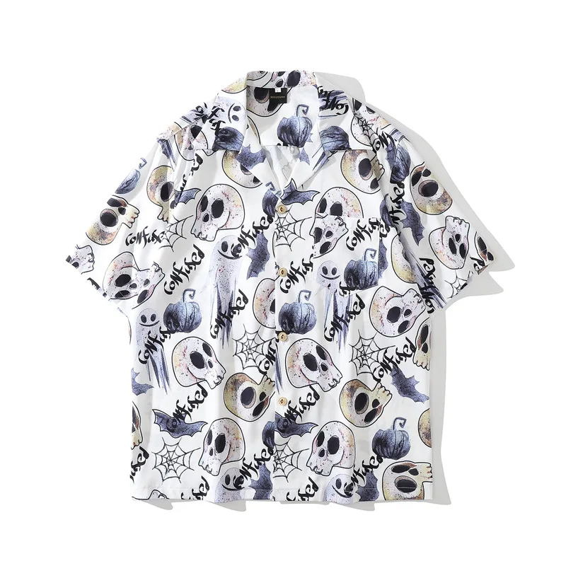 

Koszula White Skull Print Vintage Shirt Summer New Men Hawaiian Short Sleeve Shirt Mens Oversized Beach Shirts Man Chemise Homme