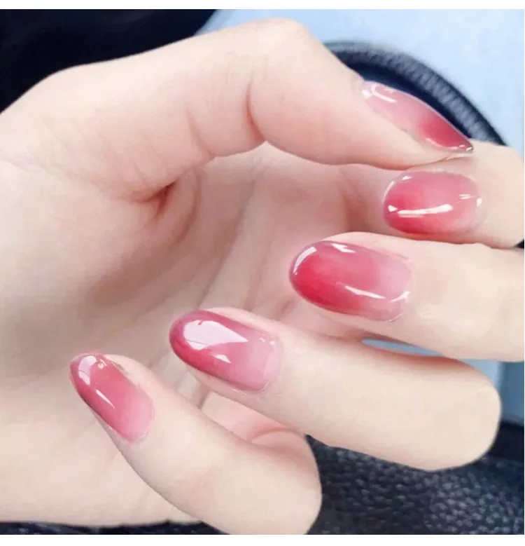 

New 24 pieces False Nail Full Cover Fake Nail Crystal Elegant Pink Gradient French Short Nails Ellipse Shape Short Fake Nail