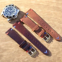 handmade retro genuine leather watch band 20mm 22mm red blue line calfskin watch strap bracelet for men watch accessories