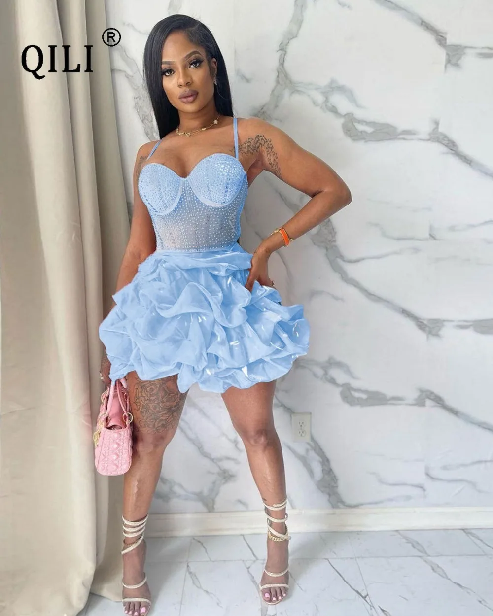 QILI-сексуальное платье на бретелях-спагетти облегающее яркий бриллиант стразы