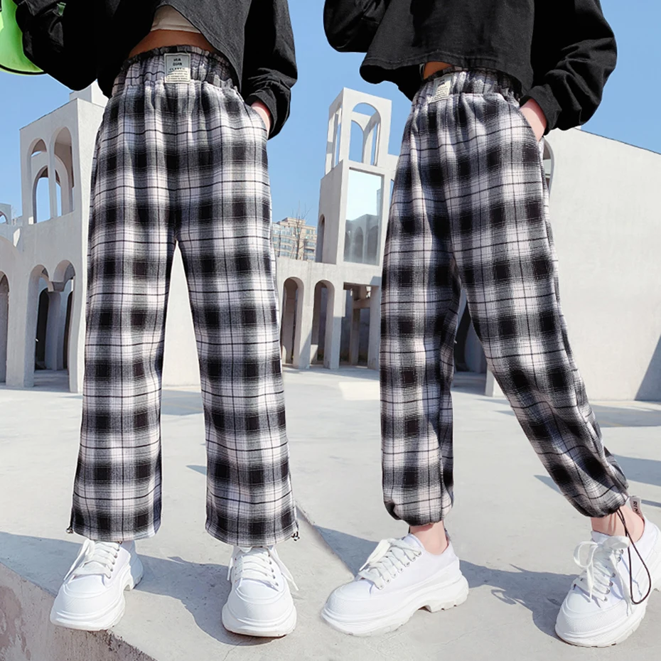 

Summer Girls Pants Plaid Pockets Pants For Girl Spring Autumn Children's Trousers Casual Style Clothes Girl 6 8 10 12 14 Years