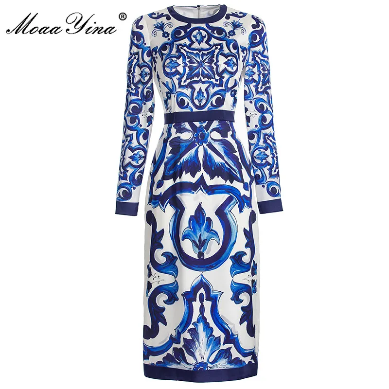 

MoaaYina Autumn Runway Fashion Silk Dress Women's Blue and White Porcelain Print Long sleeve Vacation Slim Elegant Dresses