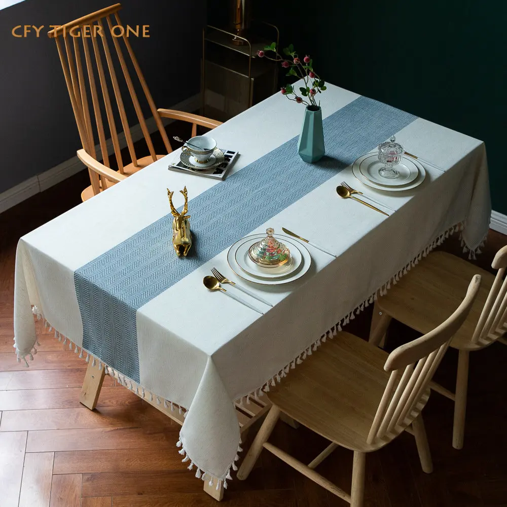 

American Cotton Linen Striped Jacquard Tablecloth for Table Decorate Antifouling Rectangular Tablecloth with Tassel Table Cover