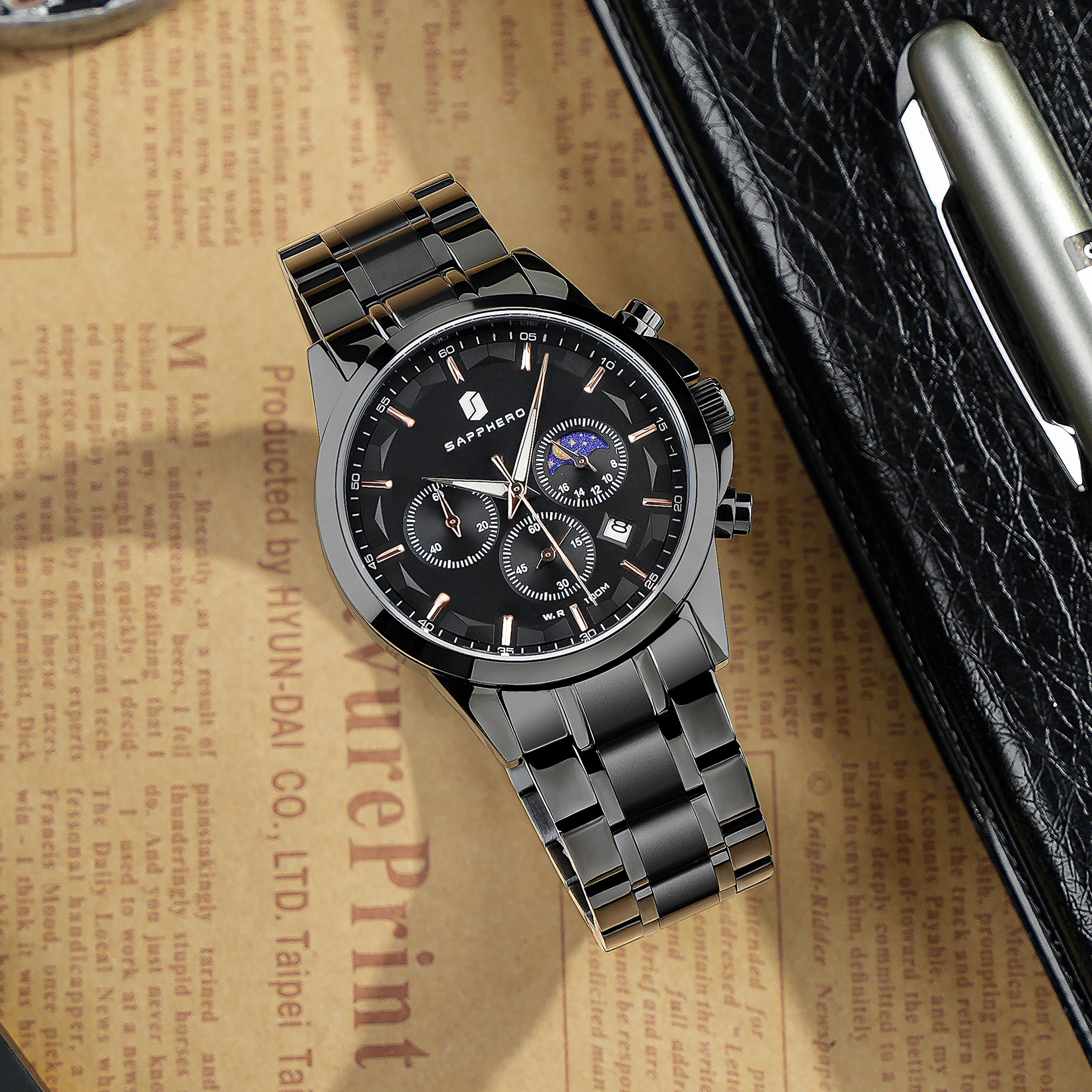 SAPPHERO мужские роскошные часы элегантные водонепроницаемые светящиеся черные с