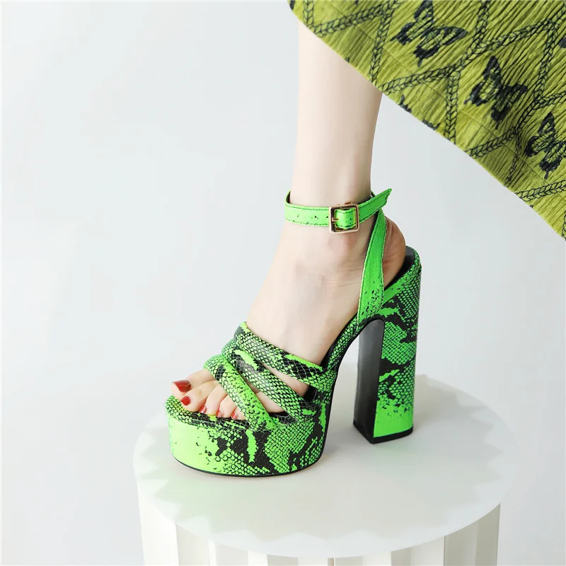Summer Comfortable Platform Women Sandals Peep Toe High Heels Round Toe Crude Heel Female Fashion Snake Patterned Chunky Shoes