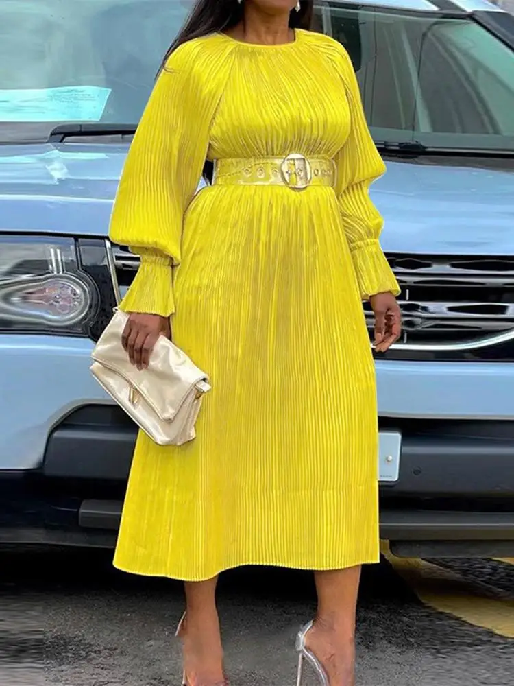 

VONDA Стильное женское богемное плиссированное платье с длинным рукавом 2022, женское повседневное уличное платье, офисное платье с высокой тал...