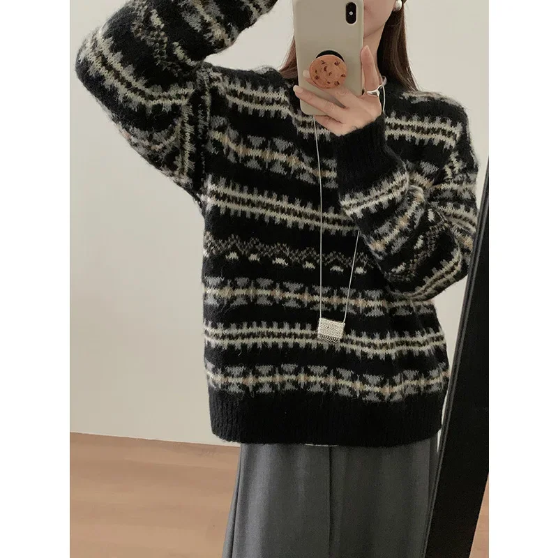 THINK 13-рядный жаккардовый свитер в корейском стиле с цветными блоками женский