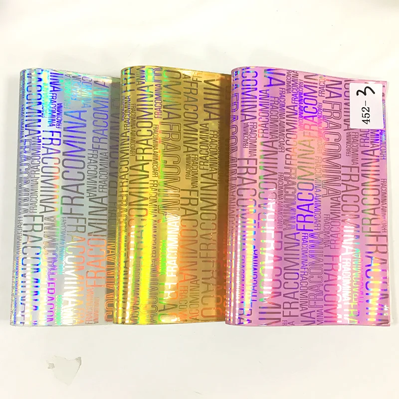 

XHT English Word/Letter Design Metallic Embossed Mirror Laser Holographic Effect PU Faux Leather Fabric Sheet for Bag/Shoes