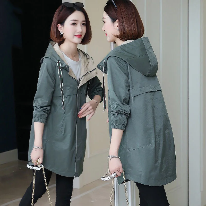 

Casual Women's Windbreaker Spring Autumn Medium Length Loose Female Outwear Solid Color Hooded British Ink Green Trench Coat
