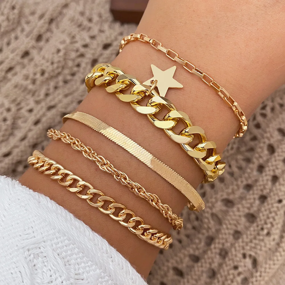 3-5Pcs Fashion Chain Bracelets for Women Star/Moon/Daisy Chain Classic Cuban Chain Link Bracelets Trendy Woman Gifts Jewelry Set
