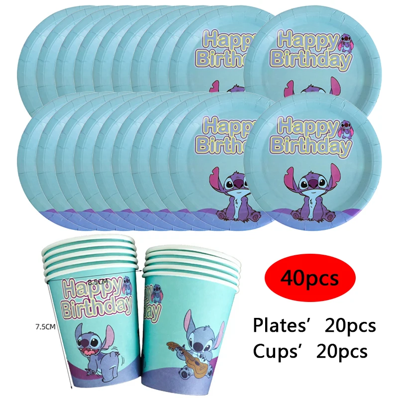 Disney Lilo & Stitch Birthday Party Decorations Set Kids Disposable Tableware Stitch Birthday Theme Party 20Cup+20Plates Supplie