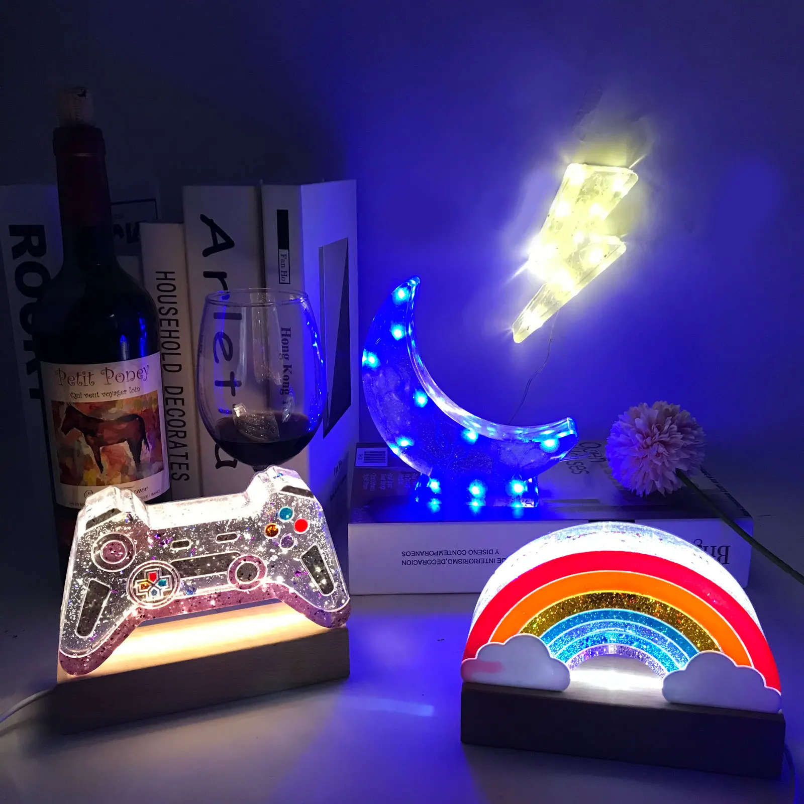 Molde de resina epoxi con luz nocturna, consola de juegos artesanal, arcoíris, Luna, adornos tridimensionales, molde para pastel, yeso, aromaterapia