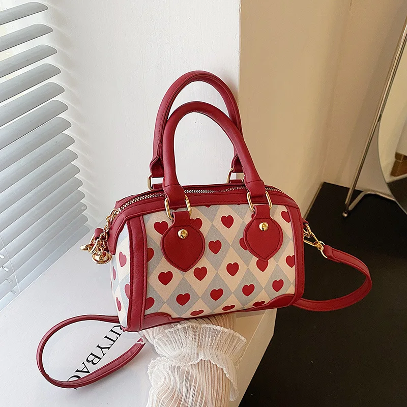 

Love Contrast Color Kawaii Purses and Handbags Rhombus Sweet Boston Handbag Fashion Cute Shoulder Messenger Ladies Bag 2022 New