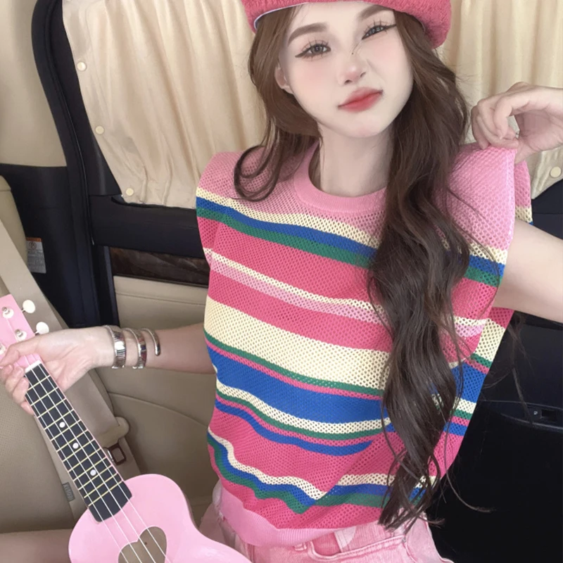 

Y2k Style Girl Knit Sleeveless T-shirts Korean Fashion O Neck Tank Tops Women Rainbow Striped Knitted T Shirt 2023 Summer